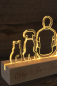 Preview: Personalisierte Familien-LED Lampe aus Acrylglas mit gravierten Namen auf Holzsockel, Familien-Silhouette mit Kindern und Haustieren, warmweißes Licht